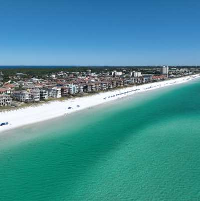 Aerial view of Destin Florida beaches with white sand and emerald water