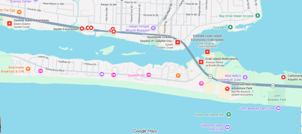 Map showing dolphin cruise and boat charter launch locations near Okaloosa Island and Destin Harbor, Florida