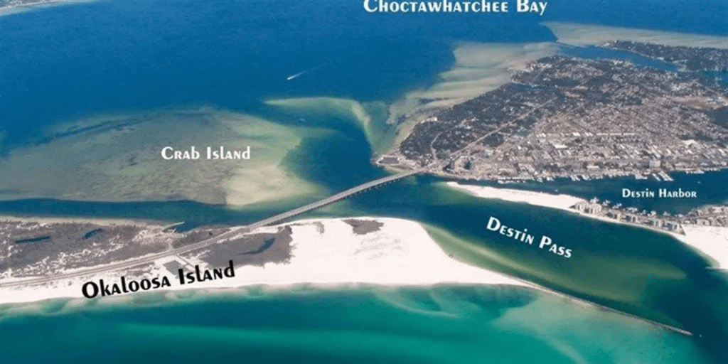 Aerial map view showing Destin Harbor, Crab Island, and Okaloosa Island along Florida’s Emerald Coast