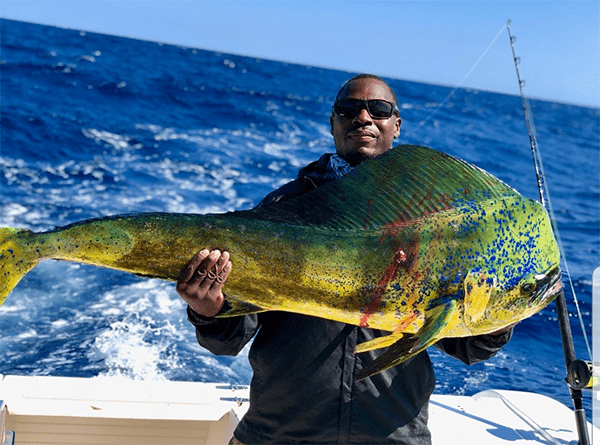 Angler holding a large mahi mahi caught during a deep sea fishing charter in Destin Florida on the Emerald Coast