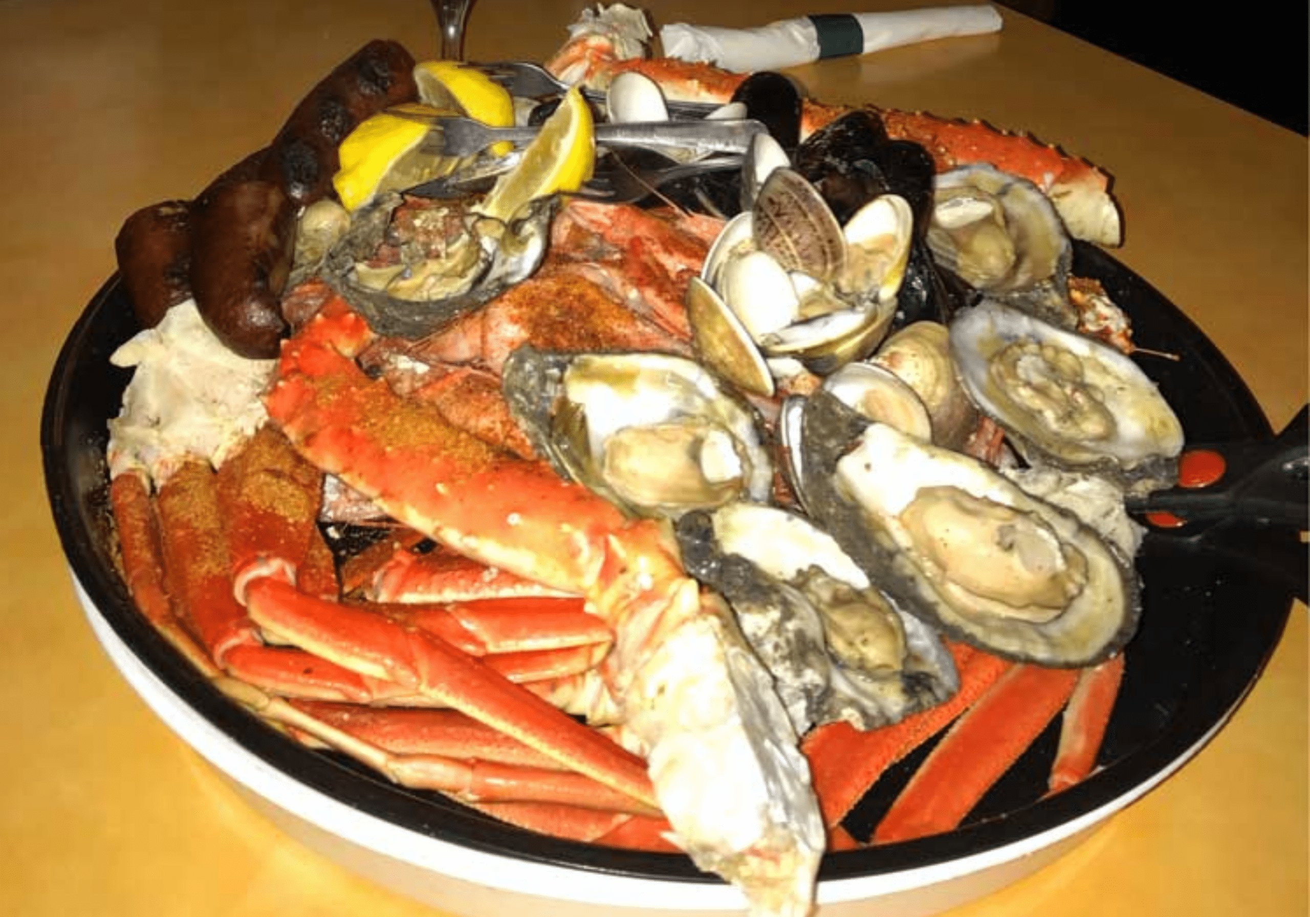 seafood platter with crab legs and shellfish at Old Bay Steamer in Destin Florida