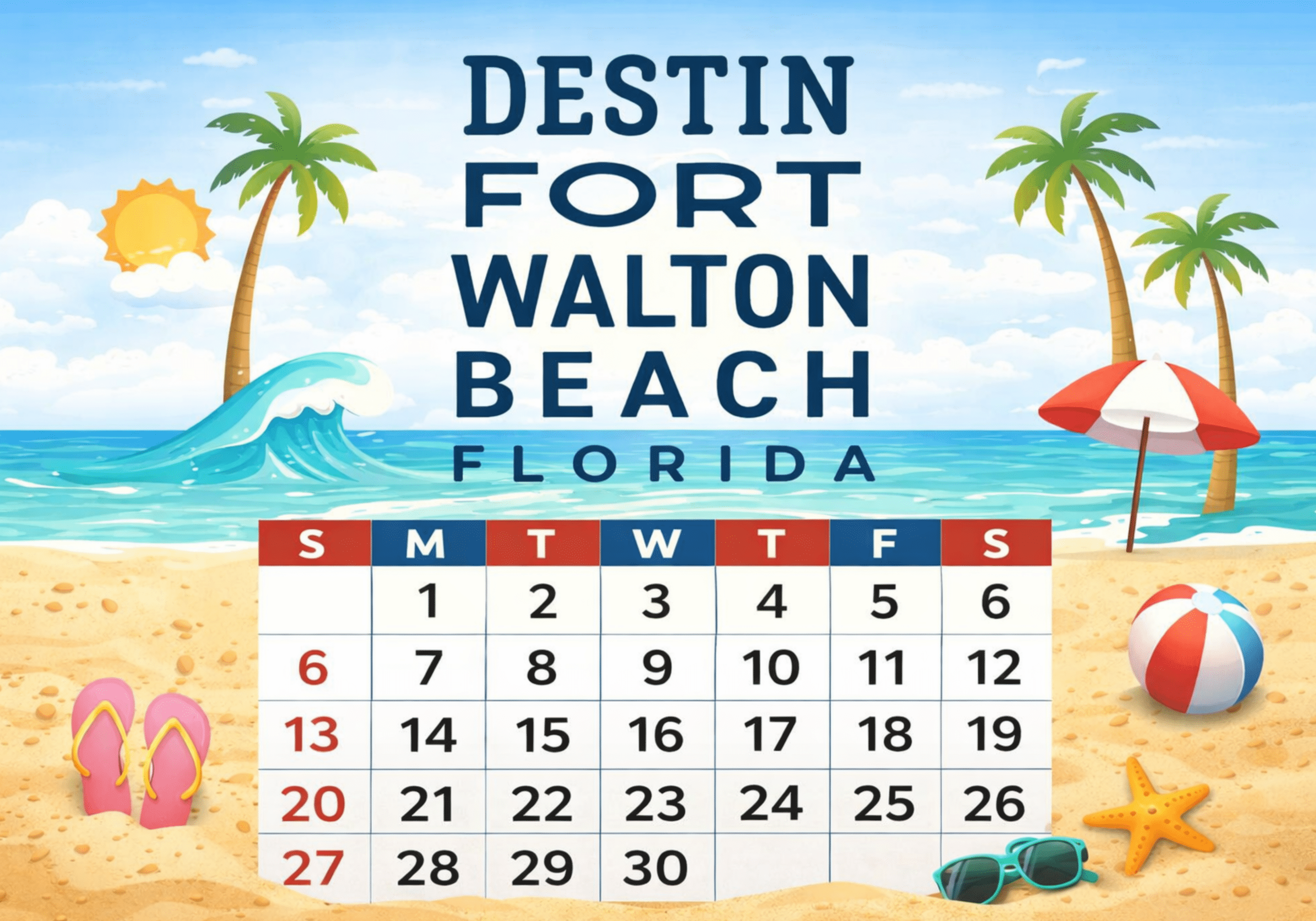 calendar of events in Destin and Fort Walton Beach Florida with beach theme