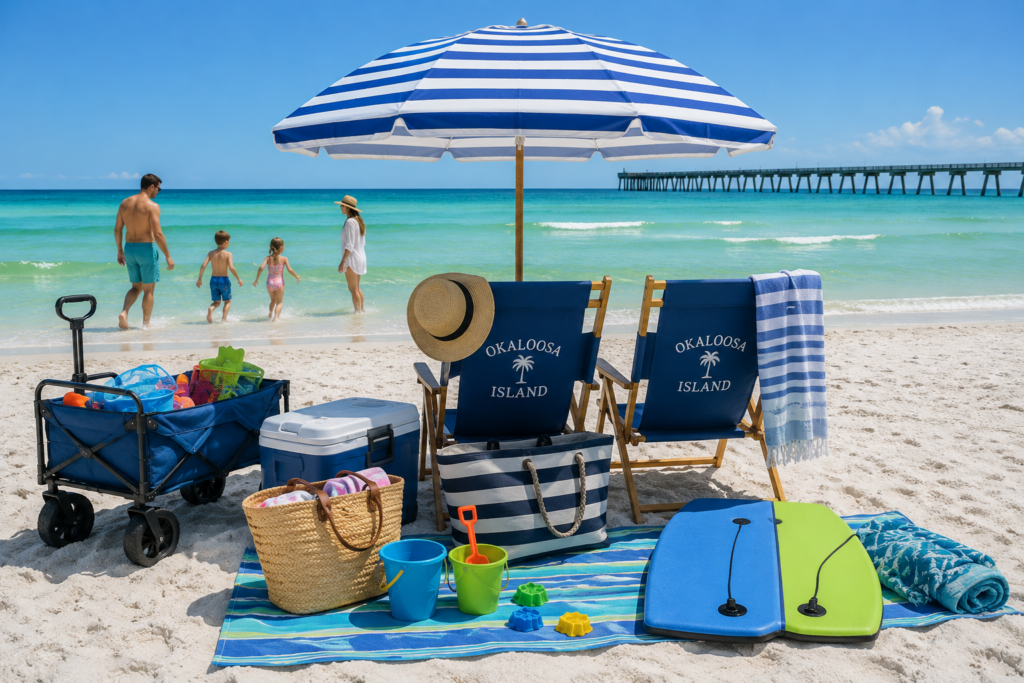 Beach gear setup for families visiting Okaloosa Island during summer vacation