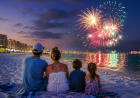Families watching fireworks near Okaloosa Island during a summer beach vacation