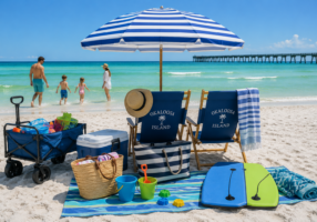 Beach gear setup for families visiting Okaloosa Island during summer vacation