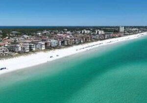 Aerial view of Destin Florida beaches with white sand and emerald water